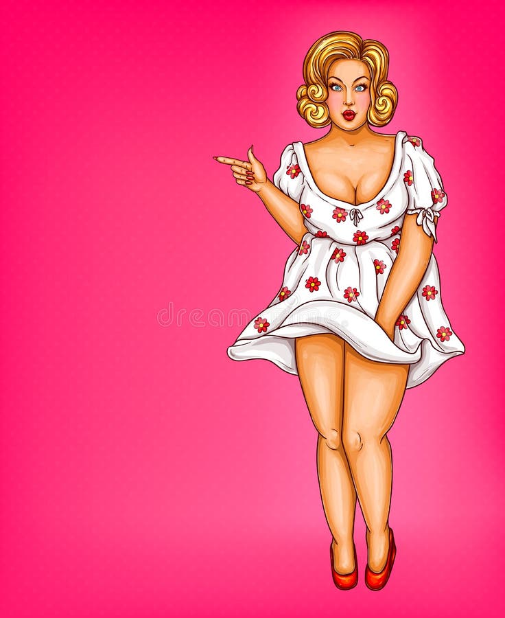 Vector fat, obese blonde pin up woman, pop art xxl, plus size model in white dress pointing a finger at discounts, sale