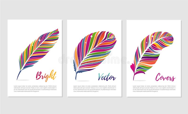 Vector feathers with vibrant color. Posters set with bright rainbow gradient.