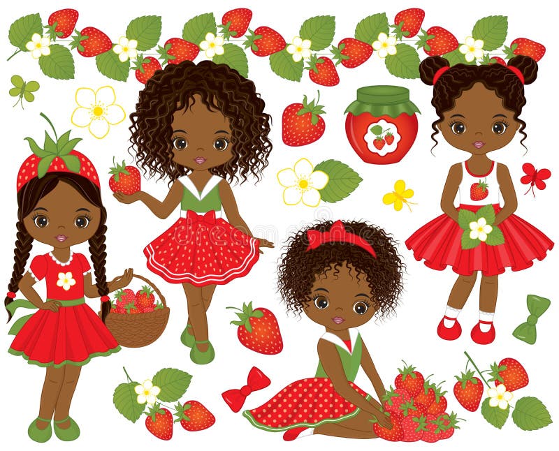 Vector fijado con las pequeñas muchachas y fresas afroamericanas lindas ilustración del vector Vector fijado con las pequeñas muchachas y fresas afroamericanas lindas ilustración del vector