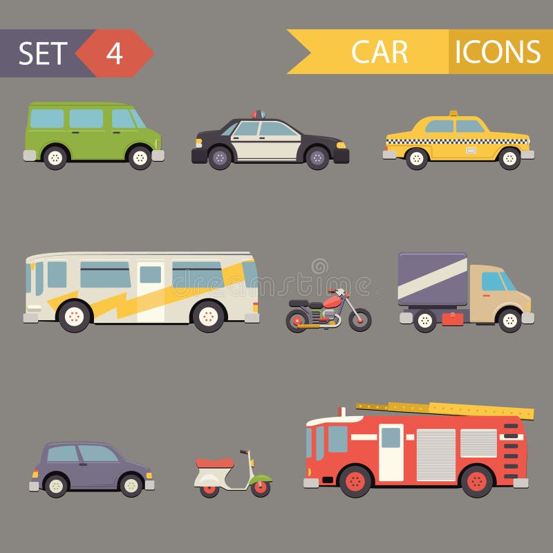 Retro Flat Car Icons Set. Retro Flat Car Icons Set