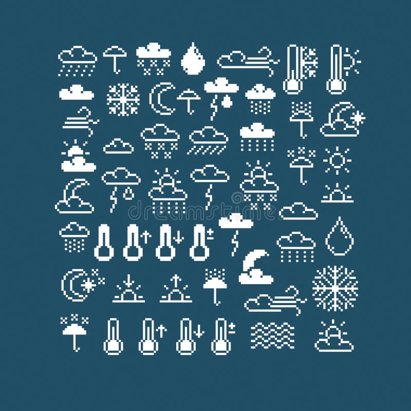 Vector flat 8 bit meteorology icons, collection of simple geometric pixel symbols. Digital web signs created in weather forecast