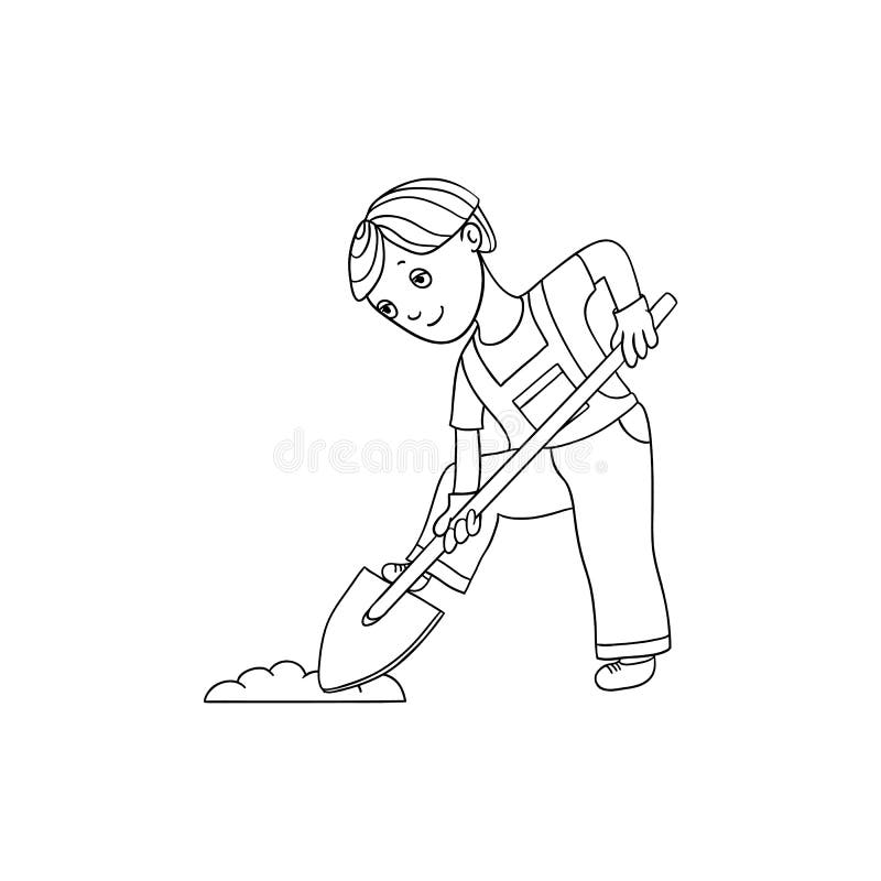 Vetor flat cartoon teen boy in worksuit digging the hole by shovel to plant a plant or bush. Isolated illustration on a white background. Children at garden concept. Vetor flat cartoon teen boy in worksuit digging the hole by shovel to plant a plant or bush. Isolated illustration on a white background. Children at garden concept.