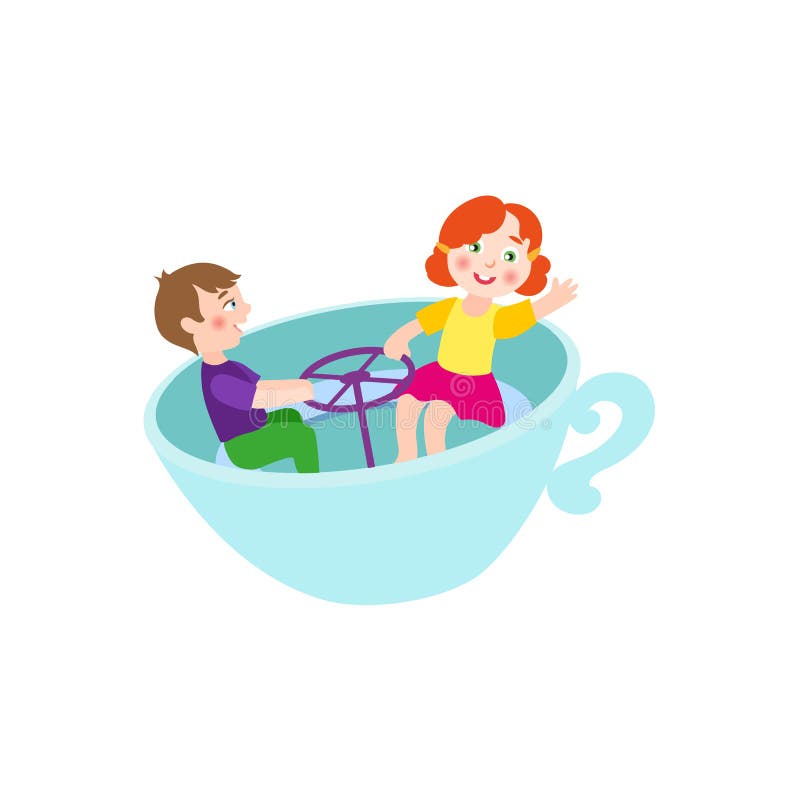 Vector flat children in amusement park concept. Boy and girl kids having fun sitting in rotating chair cup or playing rocking cups. Isolated illustration on a white background. Vector flat children in amusement park concept. Boy and girl kids having fun sitting in rotating chair cup or playing rocking cups. Isolated illustration on a white background.