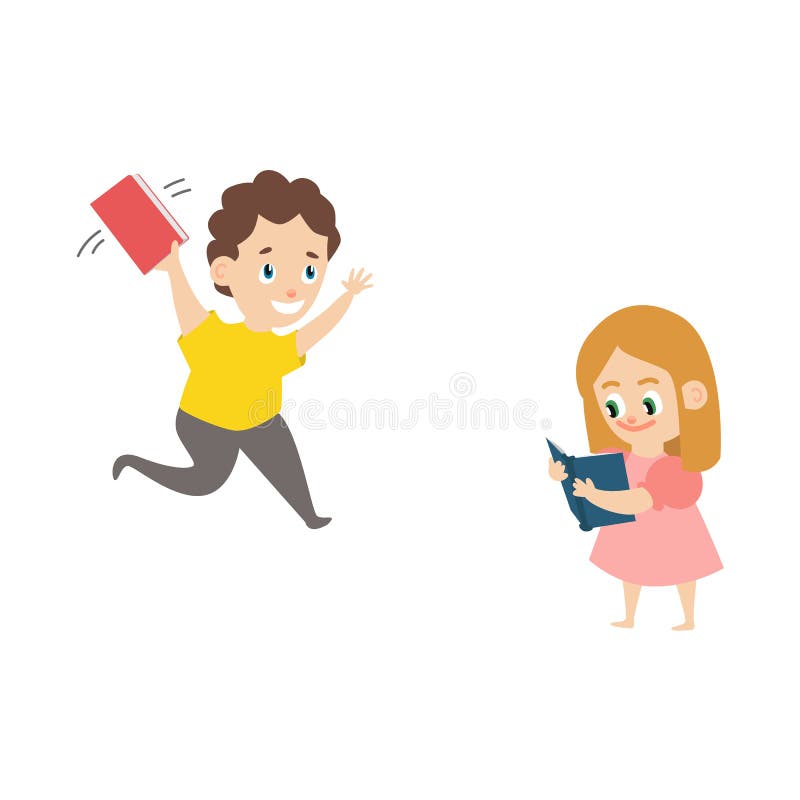 Vector flat boy running with book, girl reading vector illustration Vector flat boy running with book, girl reading vector illustration