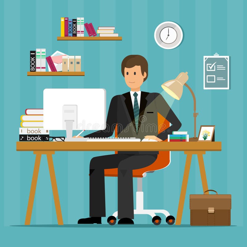 Vector flat character design of office worker. Businessman working in office, sitting at desk, looking at computer screen. vector illustration