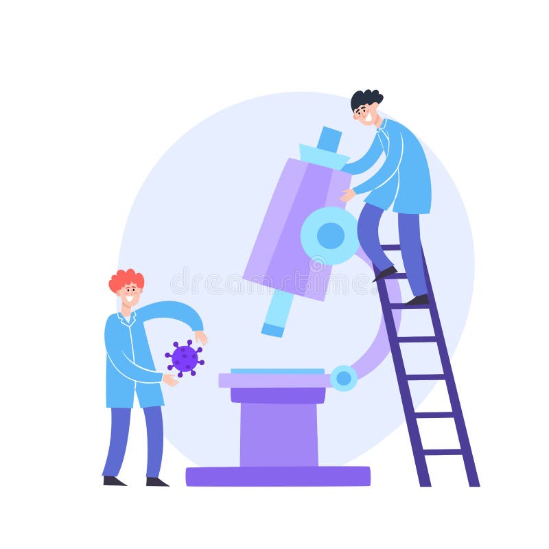 Vector illustration of tiny men holding virus looking through microscope