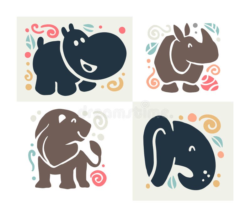 Vector flat cute funny hand drawn animal silhouette isolated on white background - hippo, rhino, lion and elephant. vector illustration Vector flat cute funny hand drawn animal silhouette isolated on white background - hippo, rhino, lion and elephant. vector illustration