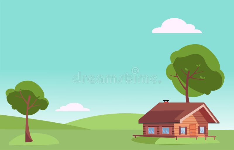 Vector flat fair weather summer landscape with small country wooden house and green trees on the green grass hills. Warm summer stock illustration Vector flat fair weather summer landscape with small country wooden house and green trees on the green grass hills. Warm summer stock illustration