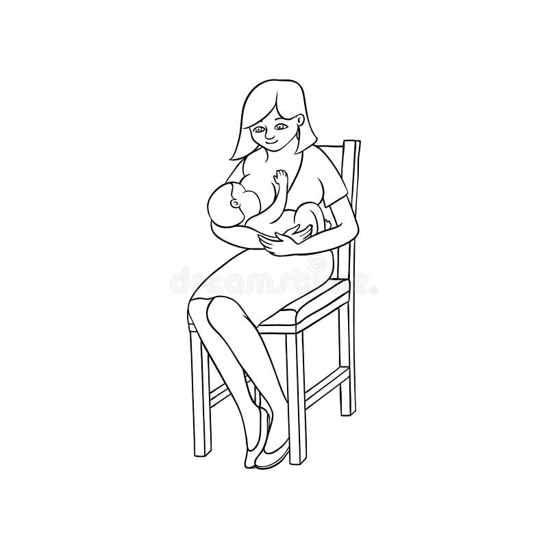 Vector flat monochrome adult cute woman girl in dress sitting at chair with infant newborn baby toddler on knees breast feeding smiling. Isolated illustration on white background for coloing book. Vector flat monochrome adult cute woman girl in dress sitting at chair with infant newborn baby toddler on knees breast feeding smiling. Isolated illustration on white background for coloing book