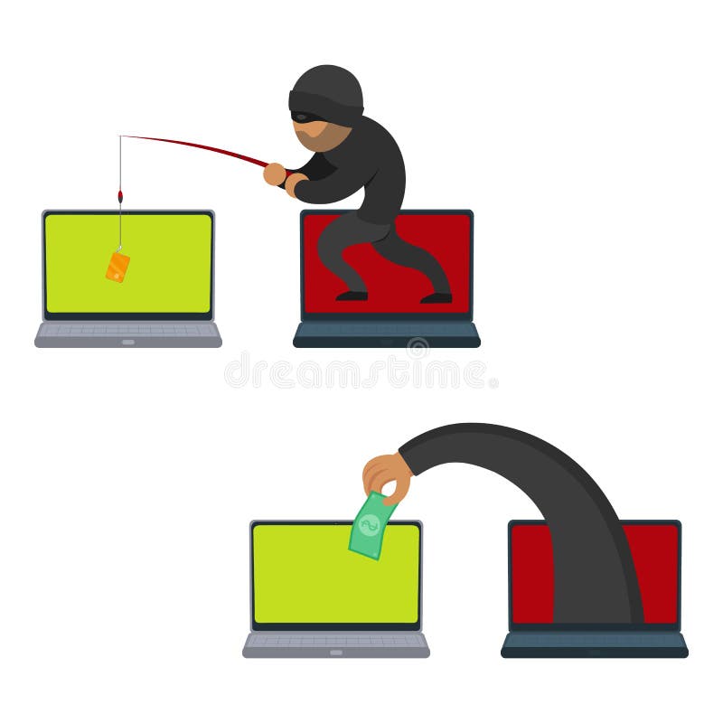 Cartoon Hacker Fishing for Data from Laptop, Stock Vector