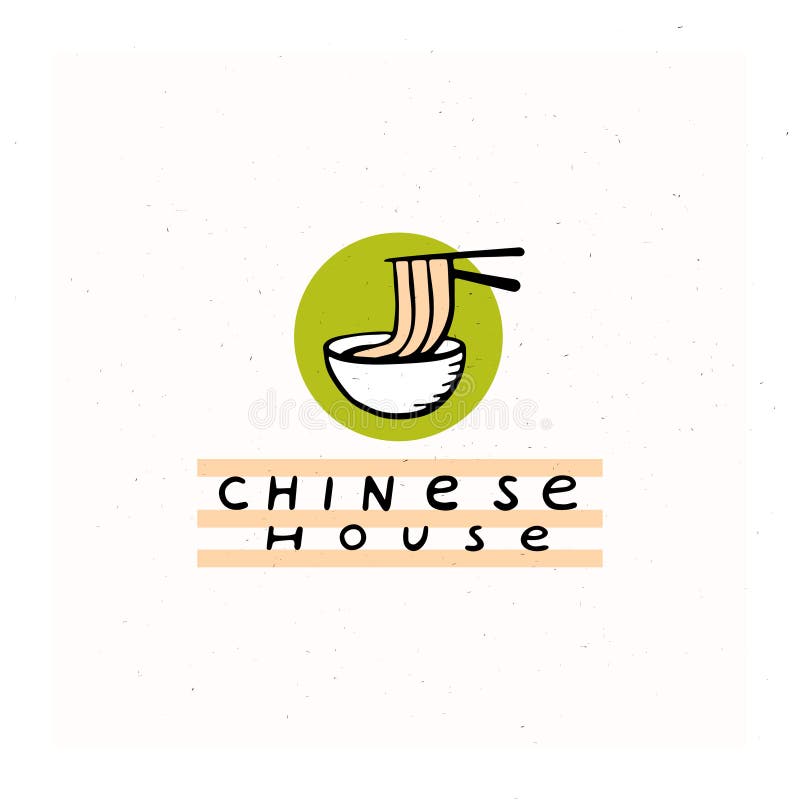 Vector flat hand drawn chinese food restaurant logo with sticks and noodle and bowl isolated on white textured background.