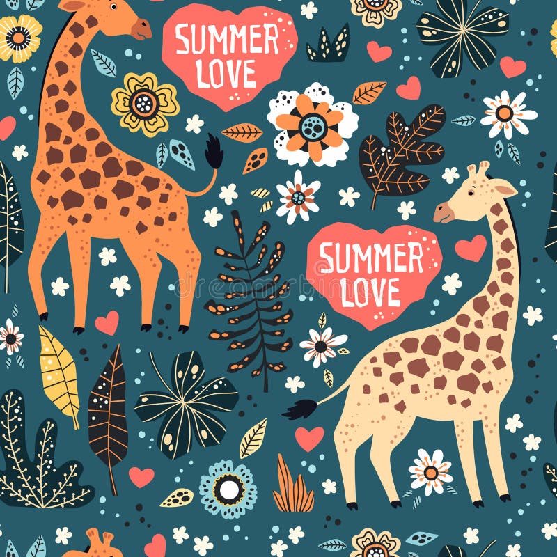 Vector flat hand drawn. Pattern. Giraffes with tropical plants and flowers royalty free illustration Vector flat hand drawn. Pattern. Giraffes with tropical plants and flowers royalty free illustration
