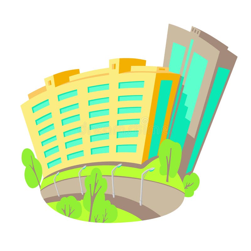 Vector flat illustration of buildings in the city. New modern high-rise construction. Bright Isolated Houses in cartoon