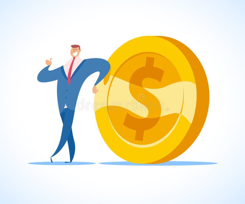 Vector flat illustration of businessman in blue suit and big golden coin standing isolate o n white background.