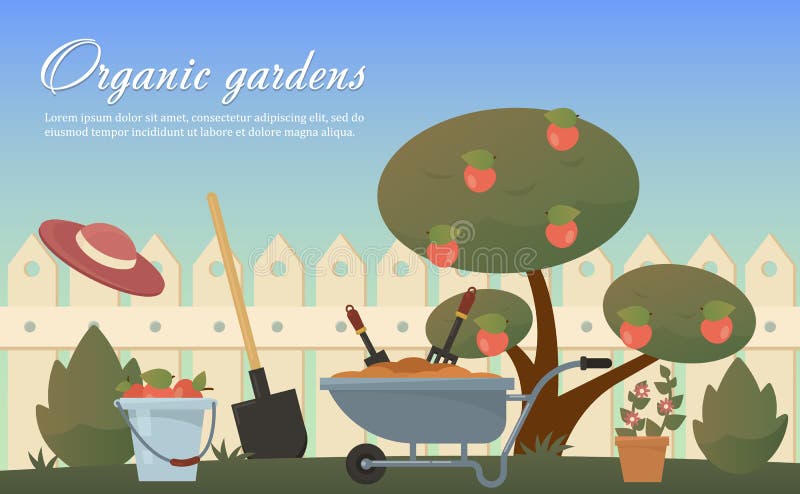 Vector flat illustration of garden agricultural accessories, tools, instruments. Equipment for soil work. Trowel, shovel