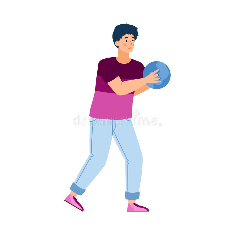 Vector Flat Illustration of Guy Bowling Player with Blue Bowling Ball ...