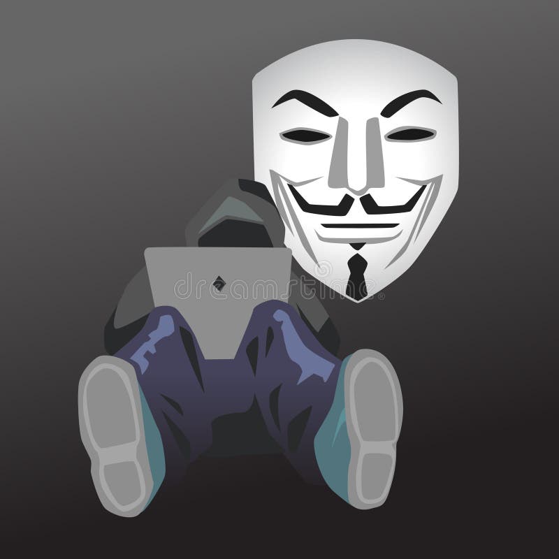 Hacker is using computer to attack vector illustration. Vector flat illustration with young hacker is attacking data servers