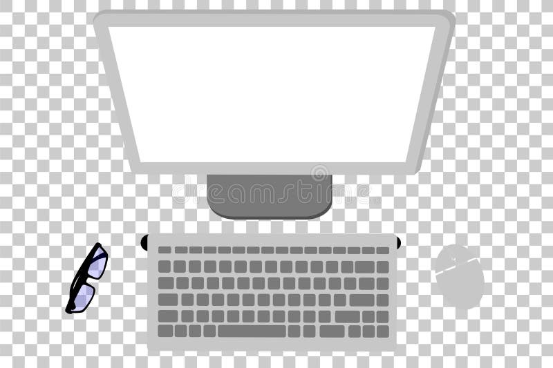 Flat lay or top view wireless Desktop Computer, mouse, monitor, keyboard and eyeglass at transparent effect background stock illustration