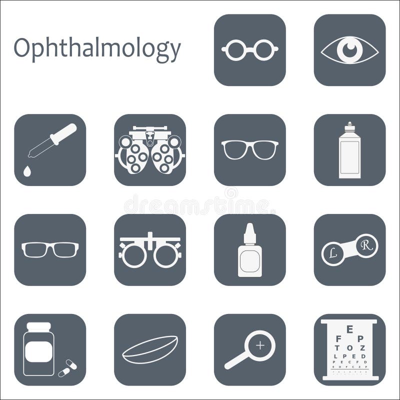 Vector flat optometry icon set with long shadow. Optician, ophthalmology, vision correction, eye test, eye care, eye royalty free illustration