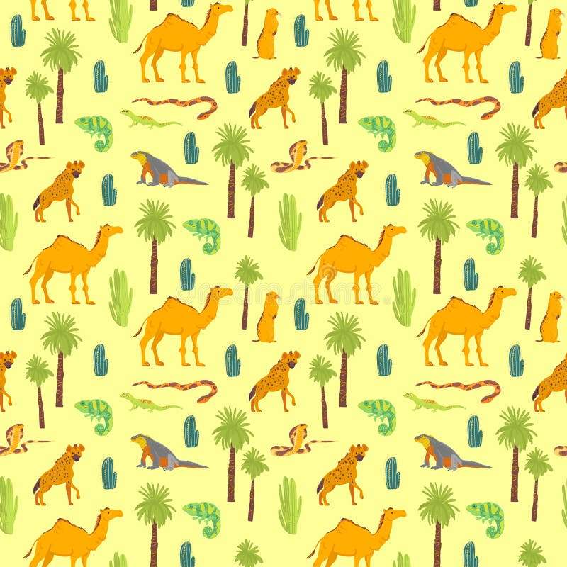 Vector flat seamless pattern with hand drawn desert animals, reptiles, cactus, palm trees isolated on yellow background.
