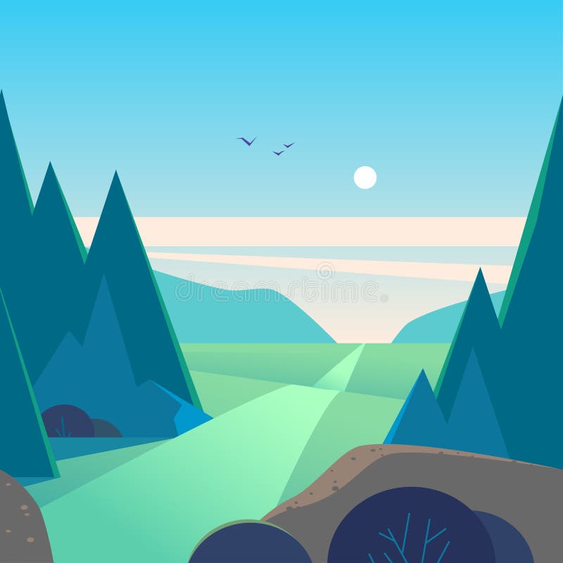 Vector flat summer landscape illustration with mountains, sun, fir trees, road, bush, meadows and blue clouded sky. stock illustration Vector flat summer landscape illustration with mountains, sun, fir trees, road, bush, meadows and blue clouded sky. stock illustration