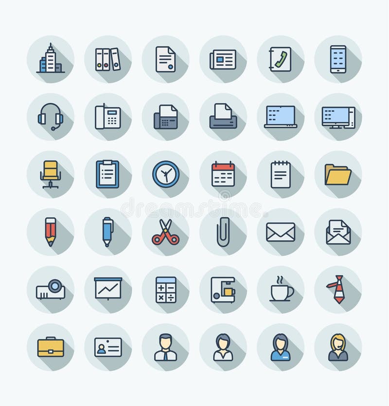 Vector flat color thin line icons set with business and office tools outline symbols royalty free illustration Vector flat color thin line icons set with business and office tools outline symbols royalty free illustration