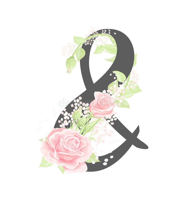 Vector floral alphabet glyph and with pink cream rose flowers and green leaves