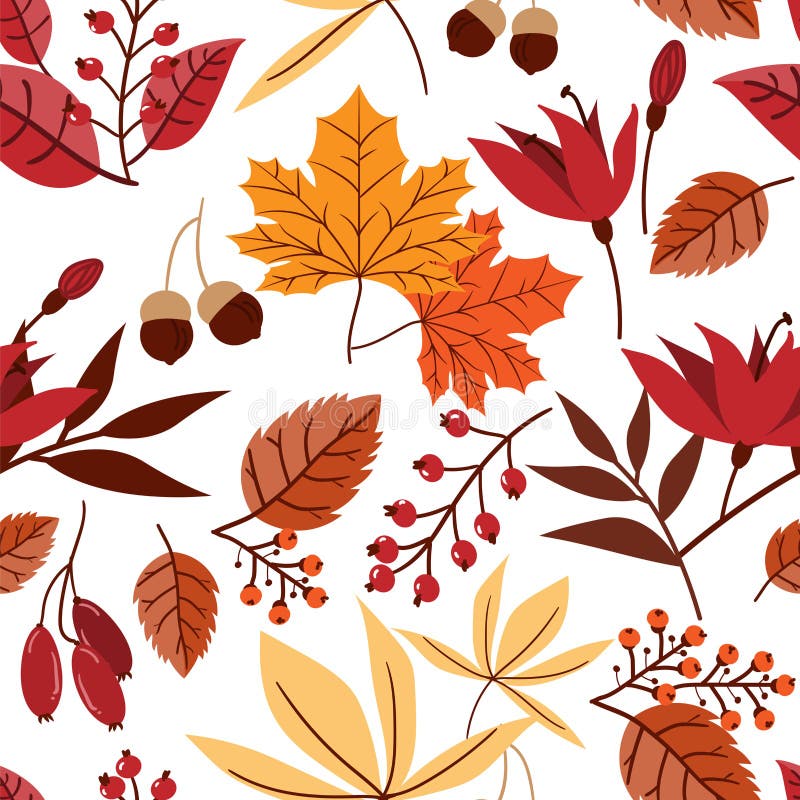 Vector floral seamless pattern with autumn leaves, berries, acorn and flower