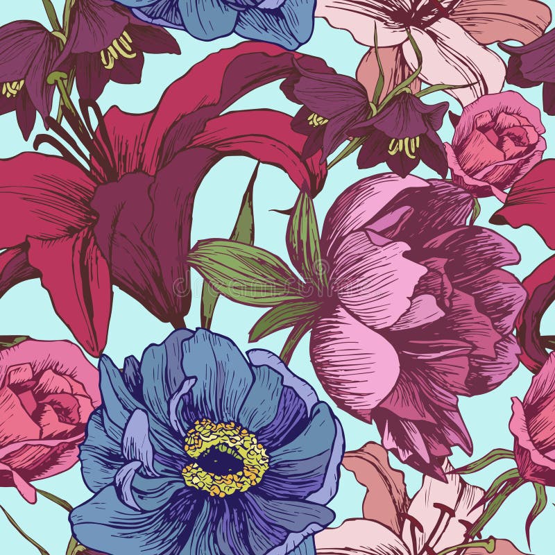 Vector floral seamless pattern with peonies, lilies, roses