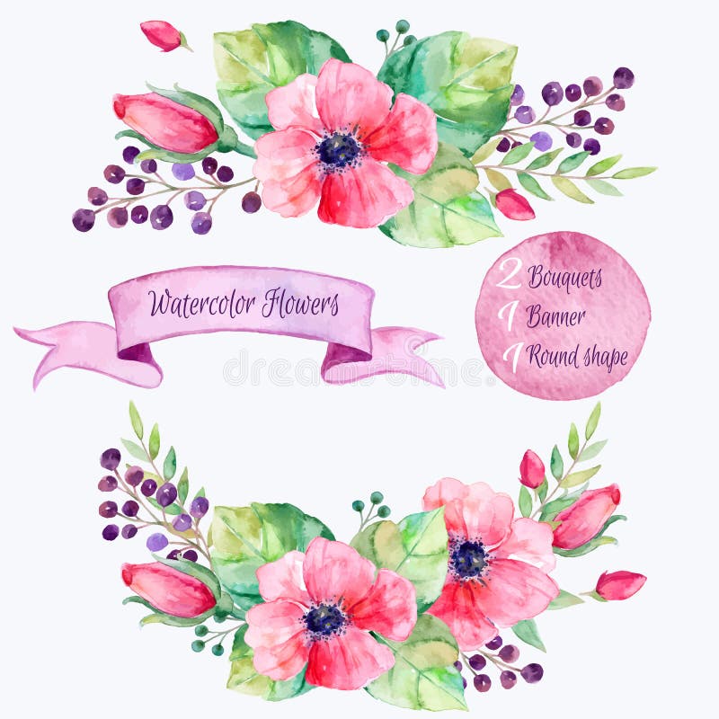 Vector flowers set.Colorful floral collection with leaves and flowers,drawing watercolor.