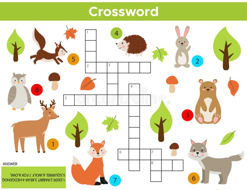 Vector Forest Animals Crossword in English. Education Game for Children  with Answer. Stock Vector - Illustration of mushrooms, cross: 170720568
