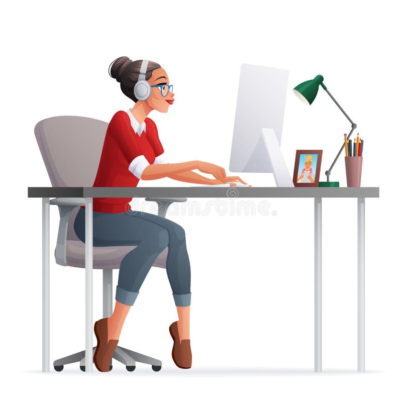 Girl friends chat online. Girl sitting in a chair in front of a laptop and  speaks with friend. Video conference, online chat concept. Working or online  meeting from home. Vector flat illustration.