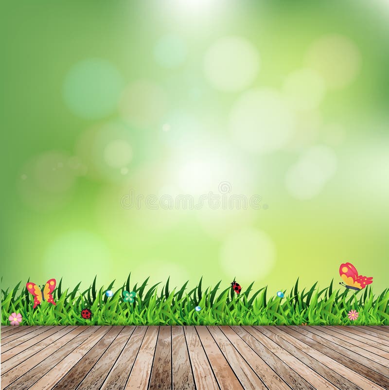 Vector fresh spring grass with green bokeh and sunlight and wood floor royalty free illustration