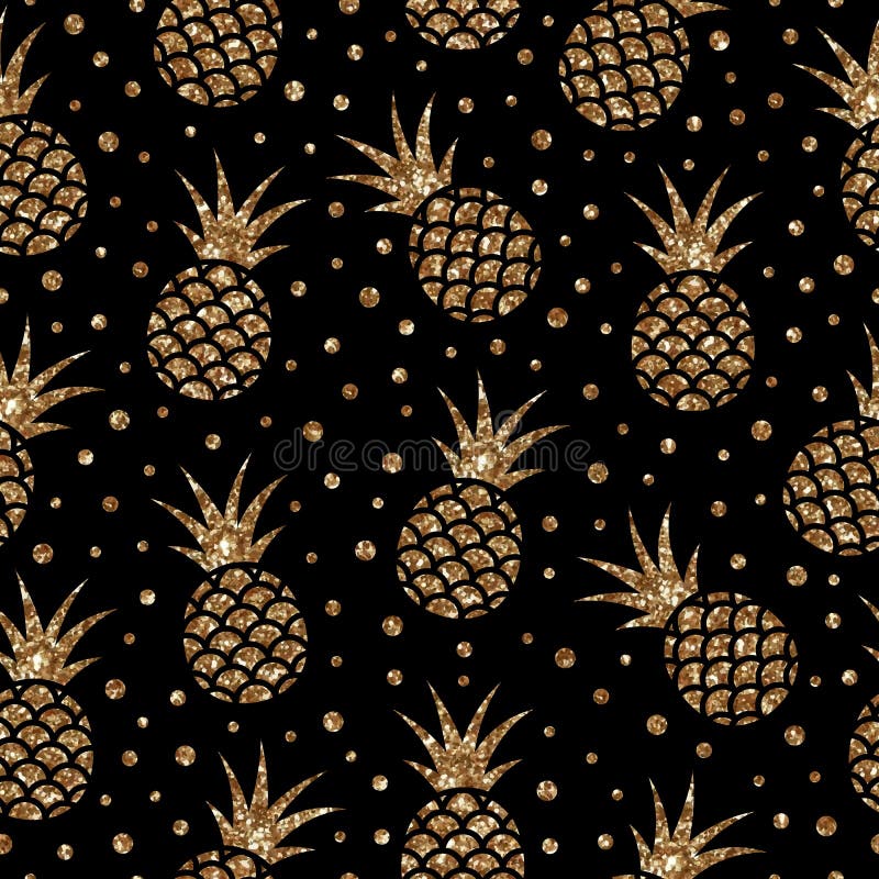 Vector Fruit Seamless Pattern with Gold Glitter Pineapples and Dots on