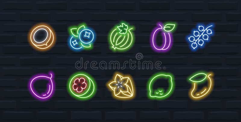 Fruits and berries icons in outline neon style vector illustration