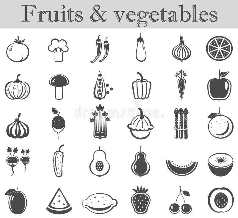 Vector fruits and vegetables black icon set. Dark grey ultra modern icons. royalty free illustration Vector fruits and vegetables black icon set. Dark grey ultra modern icons. royalty free illustration