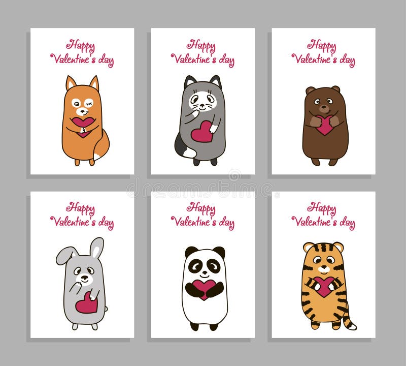 Vector Funny Animals Hand Drawn Picture for Valentines Day Stock Vector -  Illustration of banner, love: 84065889