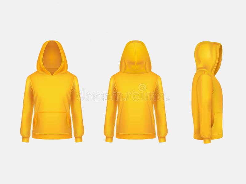 Vector gelbe realistische Modellschablone des Hoodiesweatshirts 3d auf weißem Hintergrund Mode langärmlig, Kleidungspullover vektor abbildung