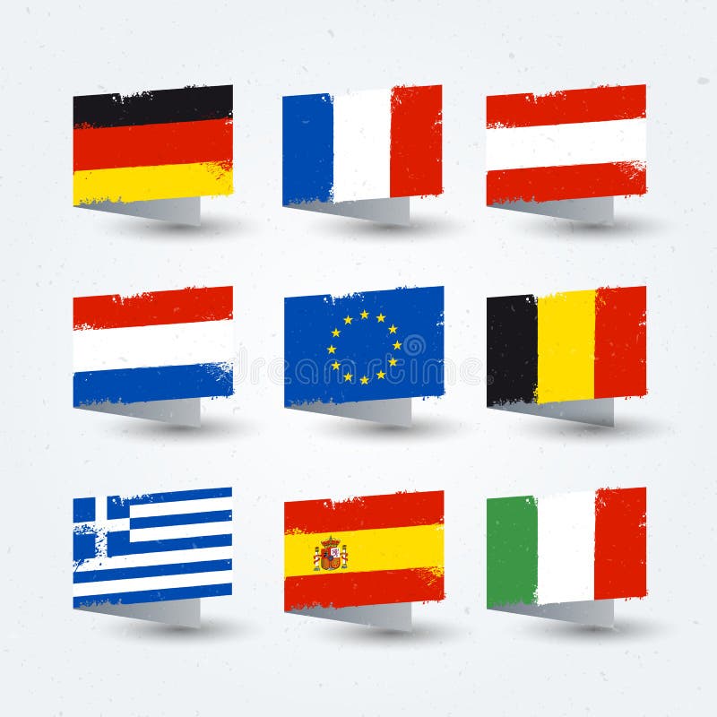 Vector gemalte Welt der Bürste der Illustration bunte Anschläge, die eingestellten Flaggen-Beschaffenheitsikonen der europäischen lizenzfreie abbildung Vector gemalte Welt der Bürste der Illustration bunte Anschläge, die eingestellten Flaggen-Beschaffenheitsikonen der europäischen lizenzfreie abbildung