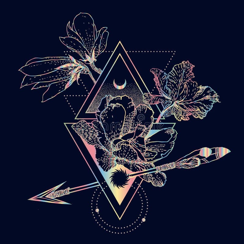 Vector geometric hologram alchemy symbol with flowers, moon, sun