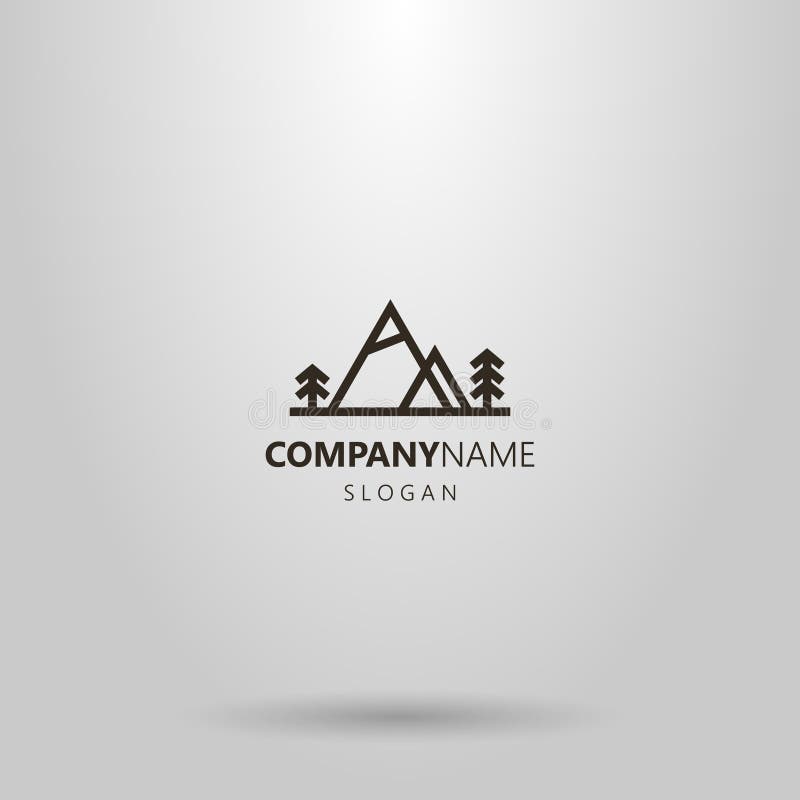 Vector geometric horizontal line art logo of two mountains and coniferous trees next to them stock illustration Vector geometric horizontal line art logo of two mountains and coniferous trees next to them stock illustration