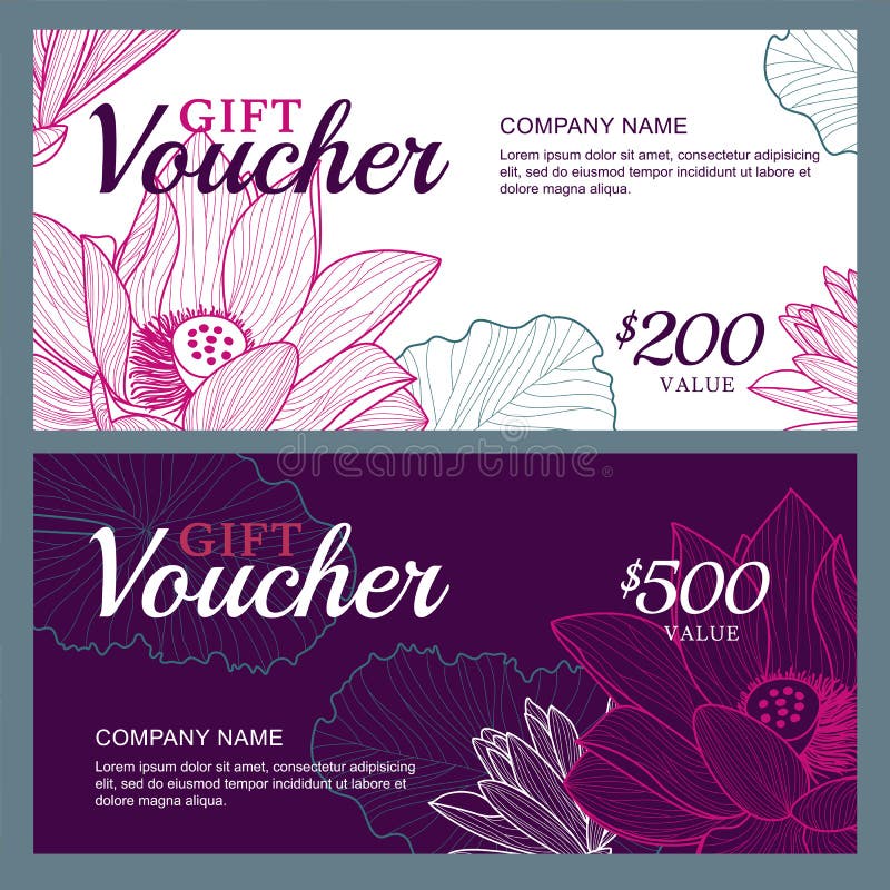 Vector gift voucher template with lotus, lily flowers. Business floral card template. Abstract background. Concept for boutique, jewelry, floral shop, beauty salon, spa, fashion, flyer, banner design. Vector gift voucher template with lotus, lily flowers. Business floral card template. Abstract background. Concept for boutique, jewelry, floral shop, beauty salon, spa, fashion, flyer, banner design.