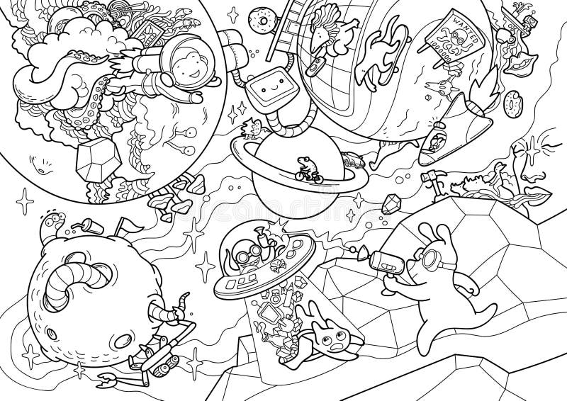 Vector Giant Coloring Page with a Space Adventure. Contour Big