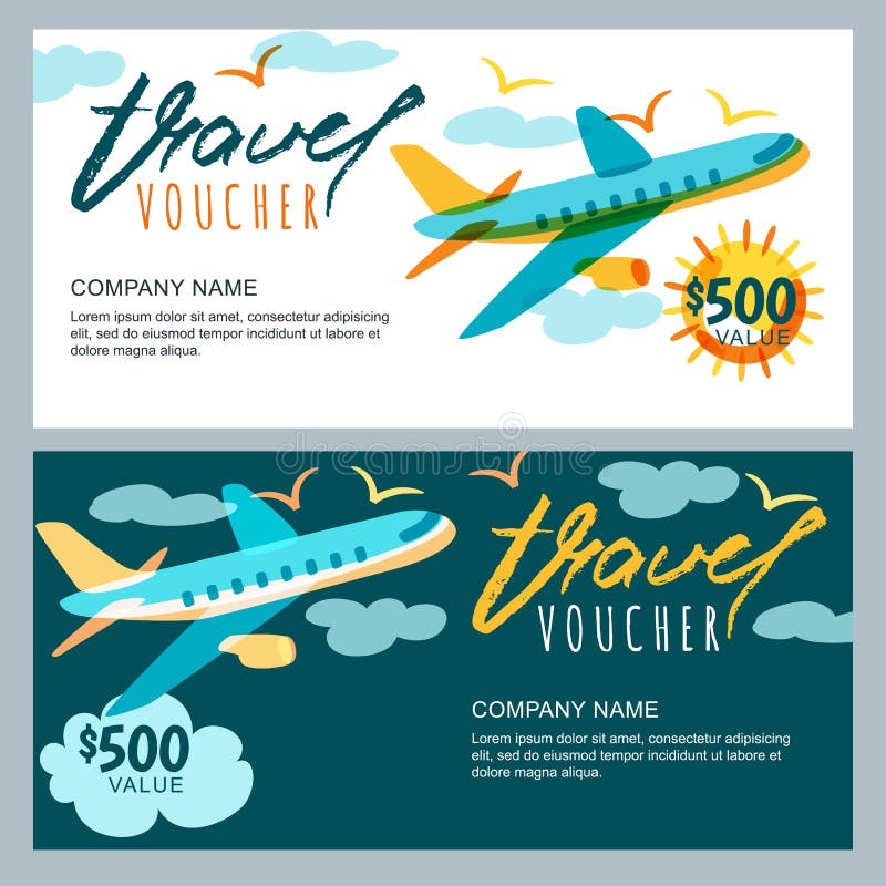 Vector gift travel voucher template. Multicolor flying airplane in the sky. Concept for summer vacation, travel agency and sale ticket. Banner, coupon, certificate, flyer, ticket layout. Vector gift travel voucher template. Multicolor flying airplane in the sky. Concept for summer vacation, travel agency and sale ticket. Banner, coupon, certificate, flyer, ticket layout.