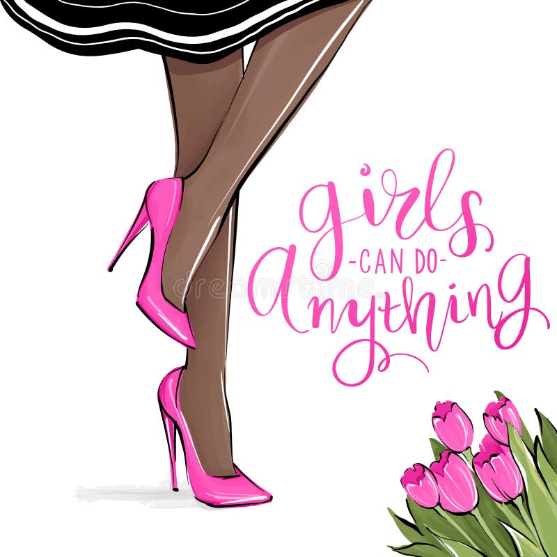 Vector girl in high heels. Fashion illustration. Female legs in shoes.