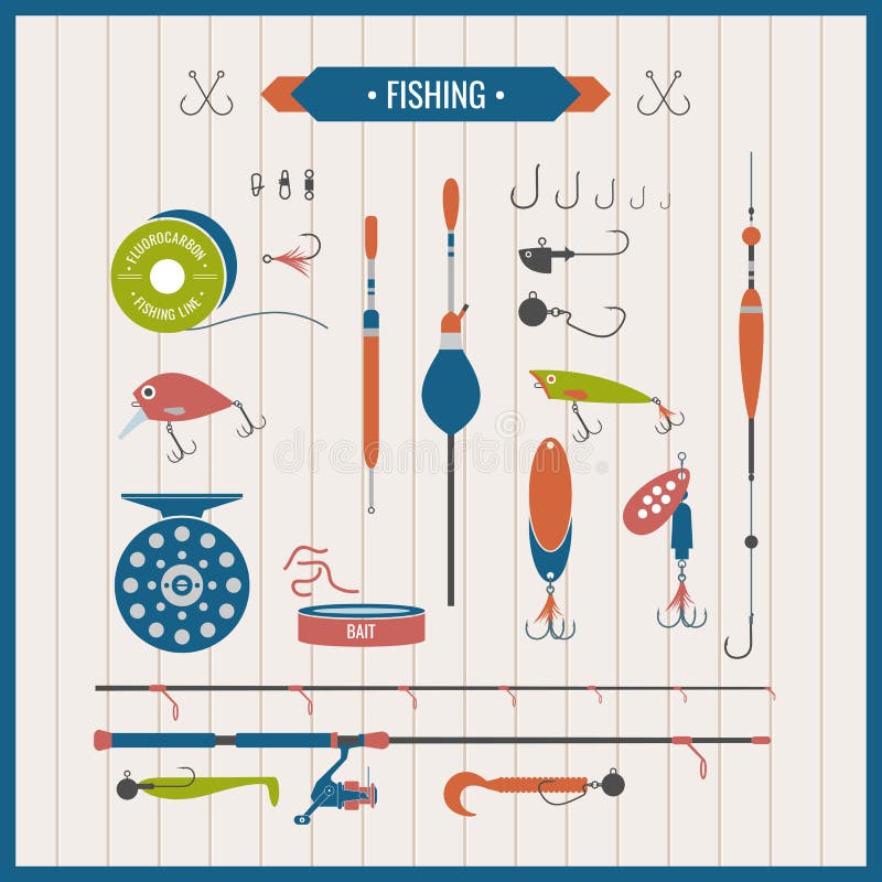 Vector gli elementi dell'attrezzatura di pesca nello stile piano illustrazione di stock
