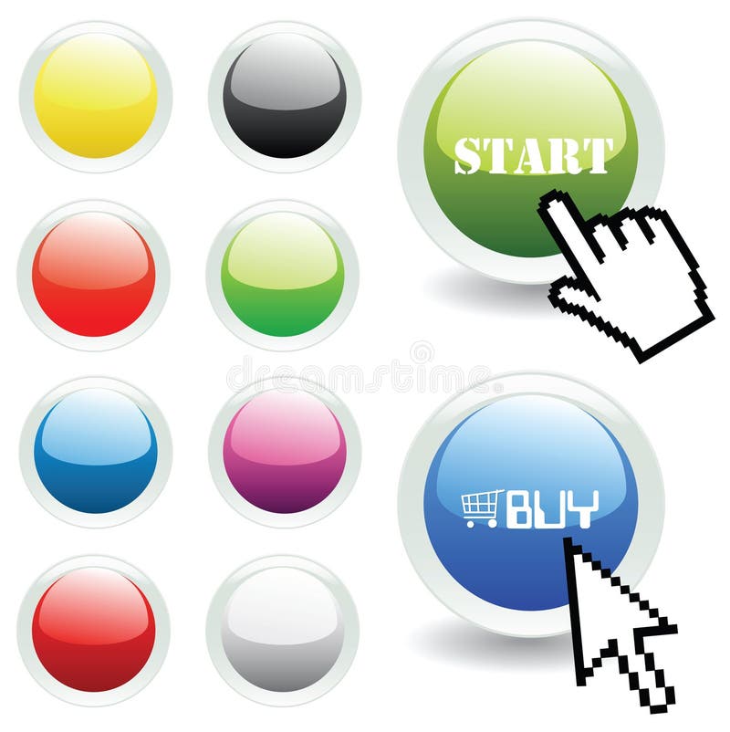 Vector glossy buttons with mouse and hand pointer stock illustration