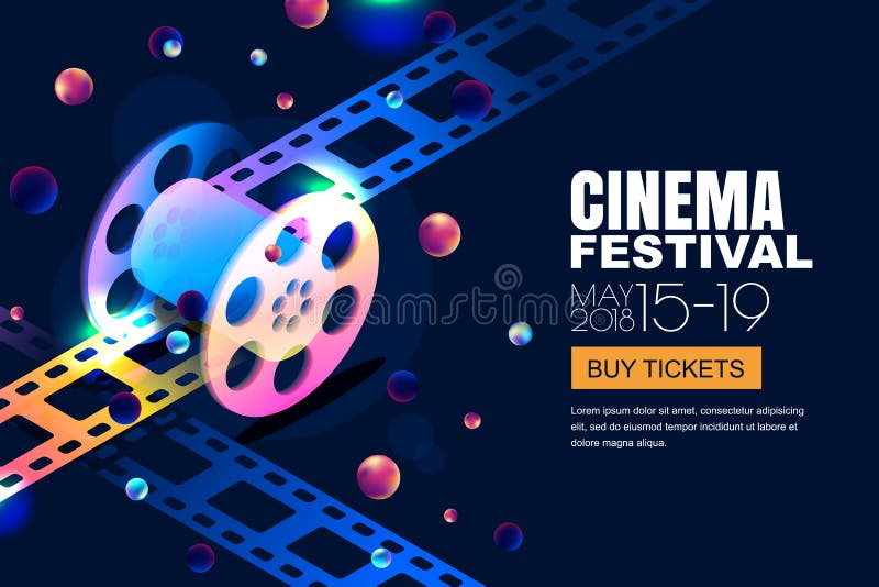 Vector glowing neon cinema festival banner. Film reel in 3d isometric style on abstract night cosmic sky background.