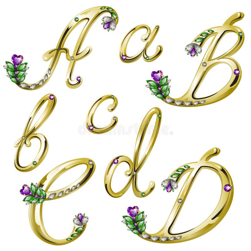 Vector Gold alphabet with gems letters A,B,C,D