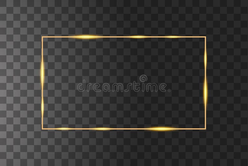 Vector golden frame with lights effects. Shining rectangle banner. Isolated on black transparent background. Vector stock illustration